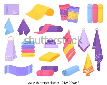 Isolated flat towels. Cartoon towel for kitchen and bathroom. Household textile accessories, napkins and tissue. Neoteric vector clipart