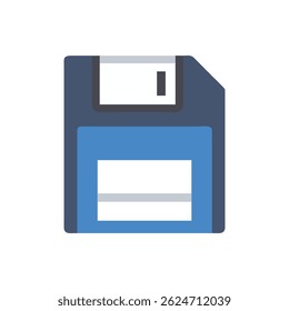 Isolated flat vector icon of a floppy disk, representing vintage computer data storage. Simple, clean design on White backdrop.