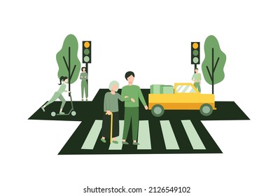 isolated flat vector illustration about Happy man helping old woman crossing city street. Cartoon characters walking on road crosswalk. Urban lifestyle and traffic concept for website, banner, flyer