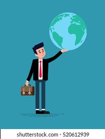 Isolated flat vector illustration of businessman holding a globe / earth in his hand. Business concept illustration