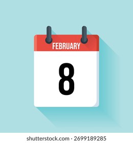 Isolated flat vector illustration. Calendar displaying February 8th. Red header and white background with bold black date on a light blue backdrop.