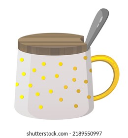 Isolated flat vector illustration of ceramic beige cup with golden dots, golden handle, metal spoon and wooden lid on white background. Cute, stylish and creative cup for hot coffee and tea.