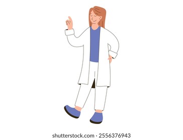 Isolated flat vector illustration of a cheerful female scientist or healthcare worker wearing a lab coat, confidently pointing upward. Woman doctor, Medical, educational, or professional themes.