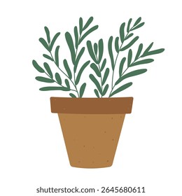 Ilustração vetorial plana isolada de vaso de argila com alecrim sobre fundo branco. Estilo de vida Cottagecore. Ervas aromáticas e especiarias para a cozinha