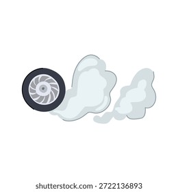 Isolierte flache Vektorgrafik, die ein Fahrzeugrad darstellt, das eine große Rauchwolke aus brennendem Gummi erzeugt, die Konzepte von hoher Geschwindigkeit, Beschleunigung und dynamischer Leistung darstellt
