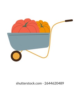 Isolated flat vector illustration of garden barrow with two pumpkins on white background. Cottagecore lifestyle. Texture effect