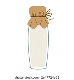 Ilustração vetorial plana isolada de garrafa de leite de vidro com tampa de papel amarrada em fundo branco. Estilo de vida Cottagecore. Alimentos saudáveis