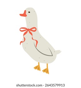 Isolated flat vector illustration of goose with red ribbon on the neck on white background. Cottagecore lifestyle.