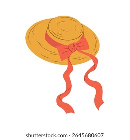 Ilustração vetorial plana isolada de chapéu de palha desenhado à mão com um arco vermelho sobre fundo branco. Estilo de vida Cottagecore. Vestuário
