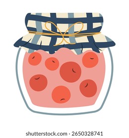 Isolated flat vector illustration of hand drawn jar of cherry jam with craft cover on white background. Cottagecore lifestyle. Healthy food