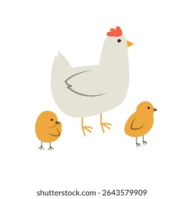 Isolated flat vector illustration of hen with two yellow chicks on white background. Cottagecore lifestyle.