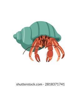 Isolated flat vector illustration of a hermit crab with a teal sea shell on a white background