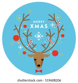 Isolated flat vector illustration of hipster christmas reindeer with christmas decoration. Greeting card "Merry Xmas"