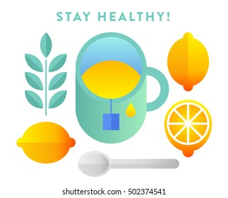 Isolated flat vector illustration of hot tea cup with lemon, mint leaves and spoon