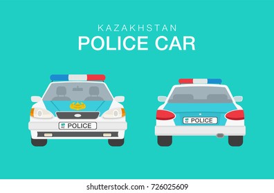 Isolated flat vector illustration of Kazakhstan police sedan car. Front and bck view.