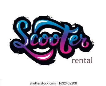 Isolated flat vector illustration of lettering word scooter. Handwritten calligraphy logo and label for sharing and rental service. Pattern for flyer, leaflet, certificate, price list. Icons for web.