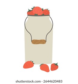 Isolated flat vector illustration of milk can of strawberries on white background. Cottagecore lifestyle. Healthy food