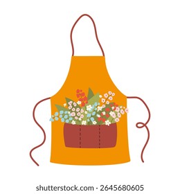 Ilustração vetorial plana isolada de avental de jardim laranja com um buquê de flores silvestres sobre fundo branco. Estilo de vida Cottagecore.
