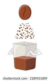 Isolated flat vector illustration of the process of making the drip coffee bag: coffee bean, ground coffee, drip coffee bag. Informative image for design or advertising on white background.