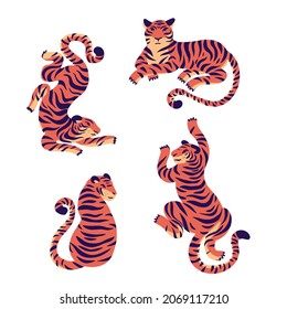Isolated flat vector illustration. Set of cute tigers, big orange cats, stripes. For banners, grteeting cards, posters, social media, calendars. 
