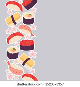 Isolated flat vector illustration of sushi set. Logo and label for sushi restaurant. Background for sushi bar menu. Sushi delivery packaging. Pattern for flyer, leaflet, certificate, price list. Icons