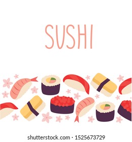 Isolated flat vector illustration of sushi set. Logo and label for sushi restaurant. Background for sushi bar menu. Sushi delivery packaging. Pattern for flyer, leaflet, certificate, price list.