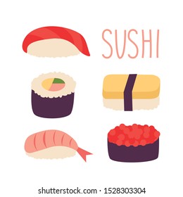 Isolated flat vector illustration of sushi set. Logo and label for sushi restaurant. Background for sushi bar menu. Sushi delivery packaging. Pattern for flyer, leaflet, certificate, price list.