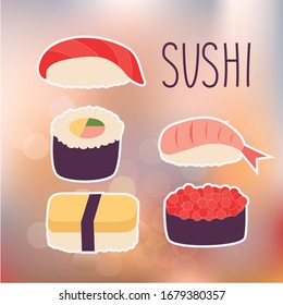 Isolated flat vector illustration of sushi set. Logo and label for sushi restaurant. Bacground for sushi bar menu. Sushi delivery packaging. Pattern for flyer, leaflet, sertificate, pricelist. Icon