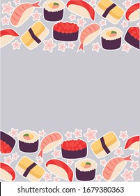 Isolated flat vector illustration of sushi set. Logo and label for sushi restaurant. Bacground for sushi bar menu. Sushi delivery packaging. Pattern for flyer, leaflet, sertificate, pricelist. Icon
