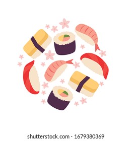 Isolated flat vector illustration of sushi set. Logo and label for sushi restaurant. Bacground for sushi bar menu. Sushi delivery packaging. Pattern for flyer, leaflet, sertificate, pricelist. Icon