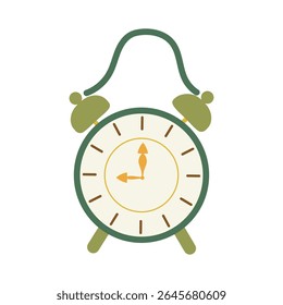 Ilustração vetorial plana isolada do relógio de alarme mecânico verde vintage no fundo branco. Estilo de vida Cottagecore. Elemento interior da casa.