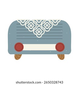 Isolated flat vector illustration of vintage radio with a knitted napkin on white background. Cottagecore lifestyle. Home interior element.