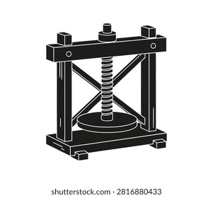 An isolated flat vector illustration of a vintage wooden manual press, commonly used for historical crafts, food processing, or traditional manufacturing.
