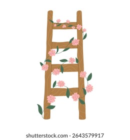 Isolated flat vector illustration of wooden ladder with wavy blooming plant on white background. Cottagecore lifestyle.