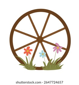 Ilustração vetorial plana isolada de roda de carrinho de madeira com flores silvestres sobre fundo branco. Estilo de vida Cottagecore. Elemento interior da casa.