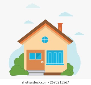 Isolierte, flache Vektorgrafik eines roten Holzbungalows mit blühenden Blumen auf weißem Hintergrund. Cottage Core Lifestyle. Handgezeichnetes Design