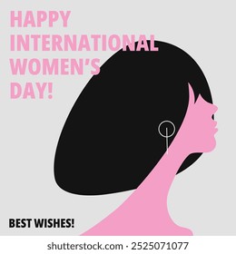 Isolated flat vector postcard for 8 march. Internation women's day. Women's hairstyles and portraits. Pink, white and black women colors. Trendy design set.