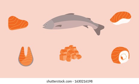 isolated flat vector salmon sashimi and sushi