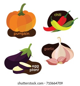 isolated flat vector set of vegetables including pumpkin chili eggplant and garlic in cute and simple graphic style. can be used as the info graphic in health article and many more