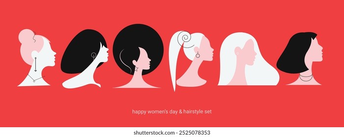 Isolated flat vector set of women's hairstyles and portraits. Pink, white and black women colors. Postcards for March 8. Women diverse faces, haircuts, nationality. Trendy design set.