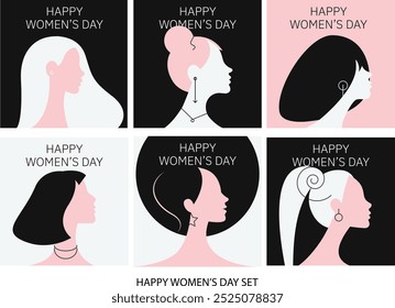 Isolated flat vector set of women's hairstyles and portraits. Pink, white and black women colors. Postcards for March 8. Women diverse faces, haircuts, nationality. Trendy design set.