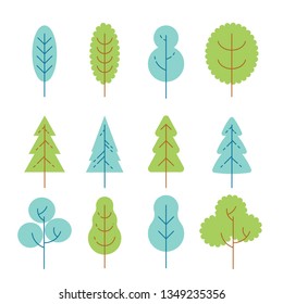 Isolated flat vector trees set. Isolated on white background, can be used as icons for nature designs, maps, landscapes, etc.