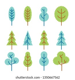 Isolated flat vector trees set. Isolated on white background, can be used as icons for nature designs, maps, landscapes, etc.