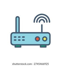 Isolated, flat-style illustration of light blue Wi-Fi router with White Background, red and yellow lights, and antennae.