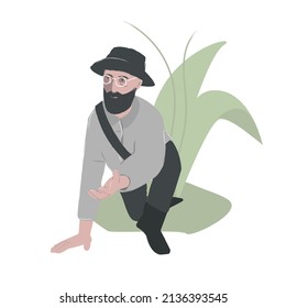 Isolated flat-style vector illustration. A scientist naturalist studies the flora and fauna of the area. A man with glasses and a beard sat down to consider in detail the object being studied.