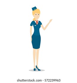 Isolated flight attendant on white background. Beautiful female stewardess in blue uniform gesturing.