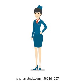Isolated flight attendant on white background. Beautiful female stewardess in blue uniform gesturing.