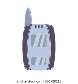 Isolated flip phone on white background. Old-fashioned technology. One side view.
