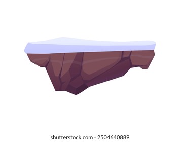 Isolated floating platform with a snow-covered top and rocky base. Vector illustration of a fantasy game element, ideal for 2D game backgrounds or level design.