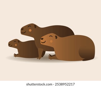 Rebanho isolado de capibaras, ilustração de stock de vetor plano com capibaras bonitos juntos